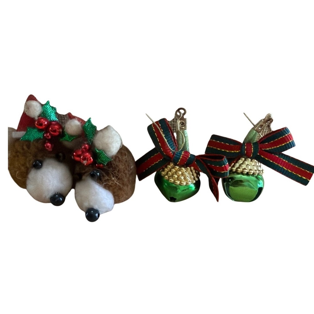 Vintage Christmas Earring Lot Teddy Bear Studs and Green Jingle Bell Drops